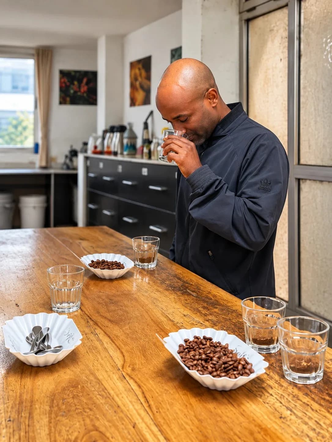 Natnael Samson smelling a coffee sample at a cupping table, with roasted coffee in white trays and glasses of ground coffee
