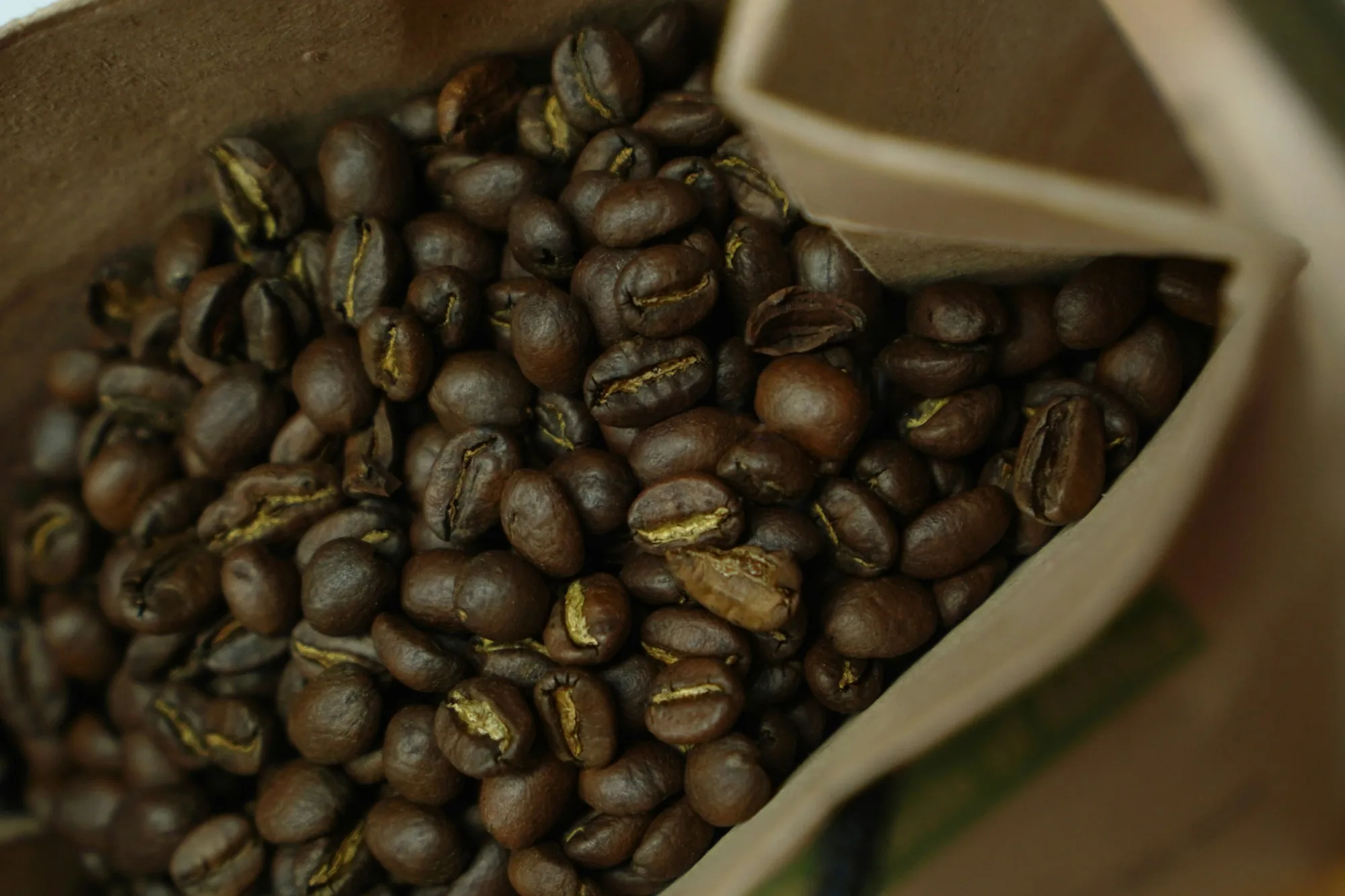 Roasted coffee beans in an open kraft paper bag