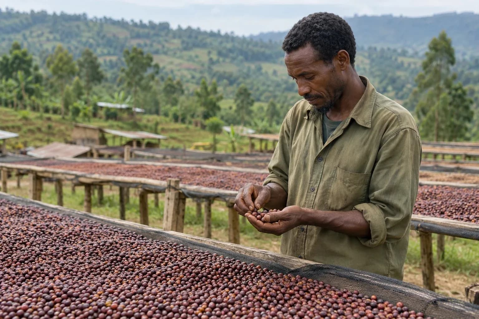 A farmer checking coffee cherries drying on raised beds, with green hills behind